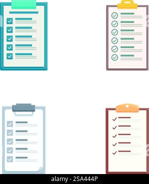 Quattro icone di design piatto raffiguranti vari appunti della lista di controllo con segni di spunta. Set di icone elenco di controllo per il design piatto Illustrazione Vettoriale