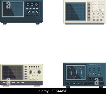Quattro diversi modelli di oscilloscopio classici isolati su bianco, con apparecchiature elettroniche vintage. Collezione di oscilloscopi vintage su sfondo bianco Illustrazione Vettoriale