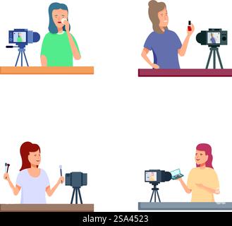 Quattro illustrazioni di persone che creano contenuti con fotocamere, microfoni e illuminazione. Creatori di contenuti con attrezzature professionali Illustrazione Vettoriale