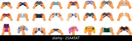 Le icone del controller della console delle mani dei giocatori impostano il vettore. Una mano che regge un controller di gioco con un controller rosa. Le icone del controller della console delle mani dei giocatori impostano il vettore Illustrazione Vettoriale