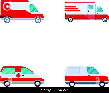 Raccolta di quattro illustrazioni vettoriali raffiguranti diversi stili di furgoni di servizio medico di emergenza. Serie di illustrazioni dei veicoli per la risposta di emergenza Illustrazione Vettoriale
