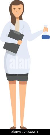 Una scienziata donna tiene in mano una fiasca e una cartella, conducendo un esperimento scientifico. Scienziata sorridente e sicura che tiene in mano matraccio e cartellina per la ricerca scientifica Illustrazione Vettoriale