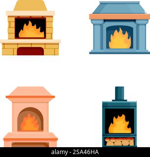 Le icone del caminetto impostano il vettore dei cartoni animati. Caminetto della casa con fiamma a legna. Open source. Le icone del caminetto impostano il vettore dei cartoni animati. Caminetto della casa con fiamma a legna Illustrazione Vettoriale