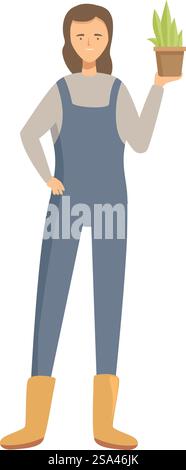 Giardiniere donna che tiene una pianta in vaso sorridente presso la serra o il centro del giardino. La giovane giardiniera tiene in mano una pianta in vaso Illustrazione Vettoriale