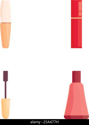 Icone vettoriali minimaliste che presentano una collezione di articoli per il trucco su sfondo bianco. Illustrazione vettoriale del set di bellezza cosmetica Illustrazione Vettoriale