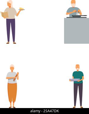 Collezione di quattro allegri personaggi dei cartoni animati anziani che partecipano a diversi hobby e compiti. Set di personaggi senior dei cartoni animati impegnati in varie attività Illustrazione Vettoriale