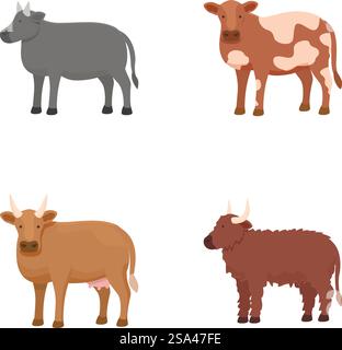 Collezione di quattro diverse mucche da cartone animato in stile piatto, adatte per grafica didattica e agricola. Serie di illustrazioni di varie mucche da fattoria a cartoni animati Illustrazione Vettoriale