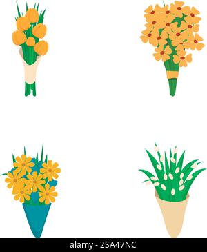 Serie di illustrazioni vettoriali che raffigurano quattro diversi e vivaci mazzi di fiori su sfondo bianco. Collezione di quattro mazzi floreali colorati Illustrazione Vettoriale