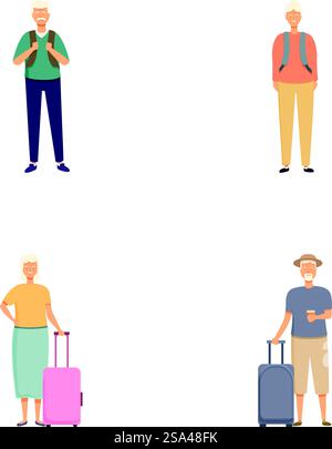 Collezione di quattro personaggi di cartoni animati anziani pronti per l'avventura con i bagagli. Serie di illustrazioni per viaggiatori senior Illustrazione Vettoriale
