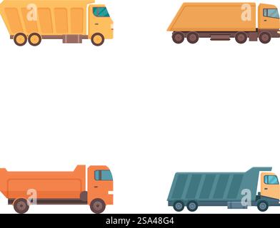 Collezione di illustrazioni vettoriali colorate con diversi tipi di camion merci commerciali. Set di quattro illustrazioni vettoriali di carrelli commerciali Illustrazione Vettoriale