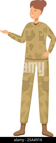 La soldatessa dà istruzioni mentre indossa pantaloni e giacca mimetici. Sorridente giovane soldato in uniforme militare in piedi e gesti con la mano Illustrazione Vettoriale