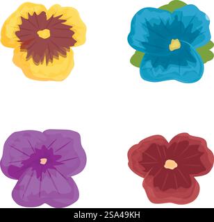 Illustrazione di quattro vivaci fiori in stile cartoni animati in diversi colori, isolati sul bianco. Set di colorati fiori di cartoni animati Illustrazione Vettoriale