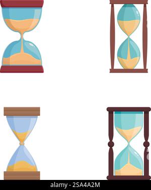 Collezione di quattro icone a clessidra dal design piatto con diversi colori della cornice, isolate su bianco. Set di icone colorate a clessidra Illustrazione Vettoriale