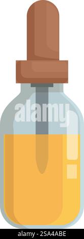 Bottiglia di vetro piccola riempita con liquido giallo e chiusa con un tappo marrone con contagocce per un dosaggio preciso. Flacone in vetro piccolo per un dosaggio preciso del liquido giallo Illustrazione Vettoriale