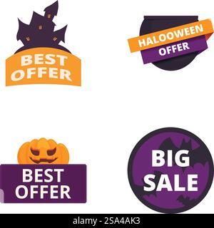 Set di badge promozionali a tema alloweenthemati con elementi spaventosi. Saldi di Halloween e collezione di badge Illustrazione Vettoriale