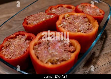 Gefüllte Paprika mit Hackfleischmischung in einer Auflaufform 28.01.25, Selters: Symbolfoto, Illustrationsbild, Symbolbild, Illustrationsfoto, Alltagsszene Gefüllte Paprika mit Hackfleischmischung in einer Auflaufform Frische, rote Paprikaschoten, gefüllt mit einer würzigen Hackfleischmischung, stehen in einer Glasauflaufform auf einem rustikalen Holztisch. Die Zubereitung ist noch nicht abgeschlossen, da die Paprika roh und ungebacken sind. Dieses klassische Gericht ist ein beliebtes Rezept in vielen Küchen weltweit. . Selters Hessen Germania *** peperoni ripieni con impasto di carne macinata in una c Foto Stock