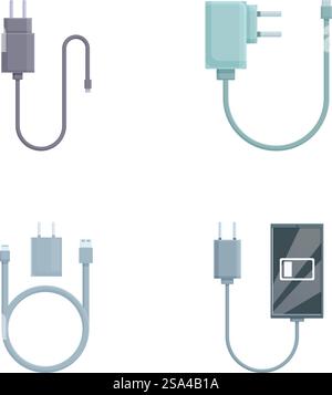 Illustrazione vettoriale di diversi tipi di spine di alimentazione e connettori per diversi dispositivi elettronici. Set di vari cavi di alimentazione e connettori Illustrazione Vettoriale