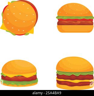 Set colorato di quattro icone vettoriali classiche di hamburger su sfondo bianco. Set di icone assortite di hamburger classici Illustrazione Vettoriale