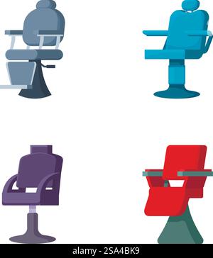 Collezione di quattro sedie da ufficio colorate adatte per ambienti di lavoro moderni. Set di moderne sedie da ufficio in vari stili Illustrazione Vettoriale