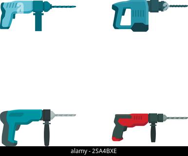 Icone vettoriali raffiguranti quattro diversi trapani elettrici in uno stile piatto. Set di icone di vari trapani elettrici Illustrazione Vettoriale