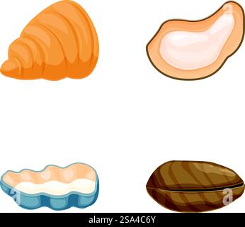 Illustrazione vettoriale di croissant, anacardi, crostata d'uovo e chicco di caffè. Set di icone assortite di prodotti da forno e noci Illustrazione Vettoriale