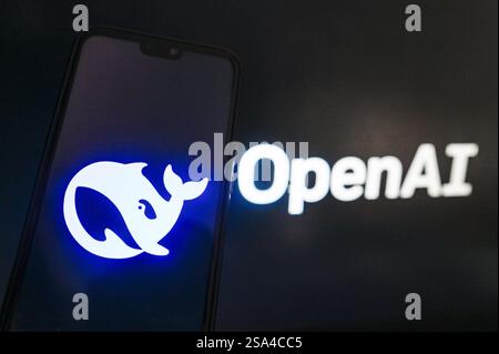 Polonia. 28 gennaio 2025. In questa immagine, il logo Deepseek viene visualizzato su uno smartphone con un logo OpenAI sullo sfondo. (Foto di Omar Marques/SOPA Images/Sipa USA) *** esclusivamente per notizie editoriali *** credito: SIPA USA/Alamy Live News Foto Stock