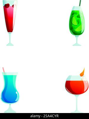 Collezione di quattro vivaci cocktail grafici in vari bicchieri, isolati su bianco. Set di illustrazioni colorate di cocktail Illustrazione Vettoriale