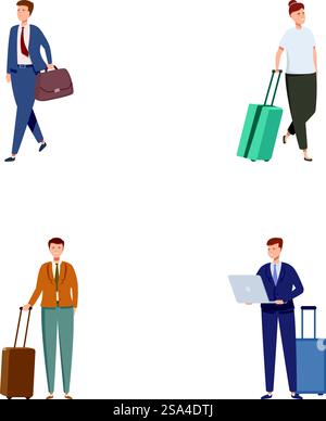 Set di quattro illustrazioni che illustrano i professionisti del lavoro con bagagli, i viaggi e il lavoro. I viaggiatori d'affari scelgono uno stile di vita moderno e professionale Illustrazione Vettoriale