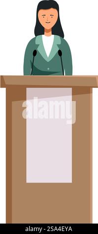 Donna politica che parla al pubblico dalla tribuna con microfono che fa discorso. Il politico sta tenendo un discorso in una riunione politica Illustrazione Vettoriale