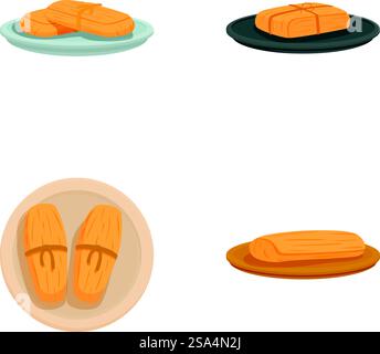 Collezione di quattro diverse illustrazioni di pane in stile cartoni animati su vari piatti. Set di illustrazioni di pane assortite Illustrazione Vettoriale