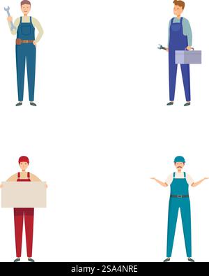 Collezione di quattro personaggi di cartoni animati isolati che rappresentano professioni diverse su sfondo bianco. Gruppo di lavoratori professionali in varie uniformi Illustrazione Vettoriale