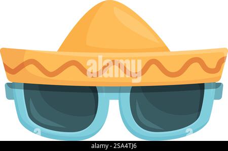 Il tradizionale cappello sombrero messicano giallo con motivo rosso ondulato viene indossato da occhiali da sole con lenti blu. Occhiali da sole con lenti blu che indossano un tradizionale cappello giallo messicano Illustrazione Vettoriale