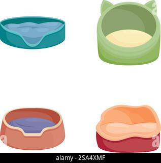Set di ciotole assortite per animali domestici per l'alimentazione e l'idratazione degli animali domestici. Inclusi cani e gatti. Con illustrazione colorata e a cartoni animati design isolato della clipart vettoriale. Strumenti essenziali per la proprietà di animali domestici. Set di ciotole per animali domestici per cibo e acqua, isolate su sfondo bianco Illustrazione Vettoriale