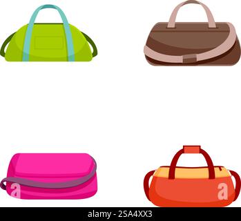 Collezione di illustrazioni colorate di quattro diverse borse da viaggio in stile cartoni animati. Set di borse da viaggio per cartoni animati assortiti Illustrazione Vettoriale