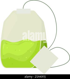 Una bustina di tè piena di foglie di tè verde viene mostrata con la stringa e la targhetta. Una bustina di tè verde piena di foglie di tè aromatiche prepara una deliziosa bevanda Illustrazione Vettoriale