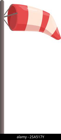 Vento rosso e bianco che scorre nel vento indicando la direzione e la forza del vento. Semplice illustrazione di una calza a vento che mostra il vento che soffia Illustrazione Vettoriale