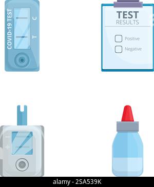 Le icone degli esami del sangue impostano il vettore dei cartoni animati. Apparecchiatura per l'analisi del sangue. Concetto di assistenza sanitaria. Le icone degli esami del sangue impostano il vettore dei cartoni animati. Apparecchiatura per l'analisi del sangue Illustrazione Vettoriale