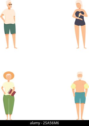 Raccolta di quattro persone anziane in vari abiti che rappresentano la diversità e lo stile di vita. Set di diversi personaggi senior Illustrazione Vettoriale
