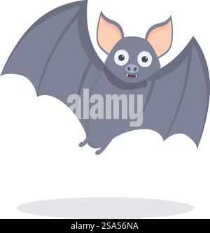 Felice pipipistrello grigio che vola con il personaggio dei cartoni animati ad ali sparse. Simpatico pipistrello grigio che sbatte le ali e sorride Illustrazione Vettoriale