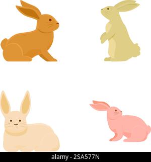 Collezione di quattro simpatici e semplicistici conigli cartoni animati in varie pose su sfondo bianco. Set di illustrazioni di coniglietti animati Illustrazione Vettoriale