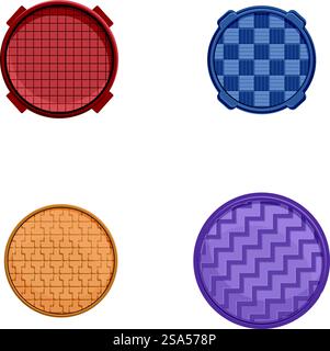 Icone tombini impostano il vettore dei cartoni animati. Portello stradale di forme e colori diversi. Costruzione di città. Icone tombini impostano il vettore dei cartoni animati. Portello stradale di forme e colori diversi Illustrazione Vettoriale