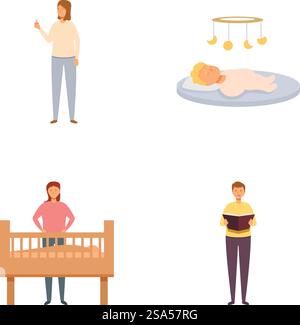 Raccolta di quattro illustrazioni vettoriali che raffigurano vari momenti di genitorialità e attività di cura del bambino. Serie di illustrazioni per la cura dei genitori e dei bambini Illustrazione Vettoriale