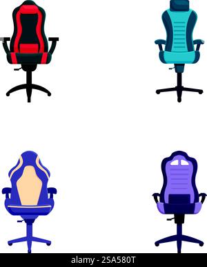 Quattro stili diversi di sedie ergonomiche da ufficio progettate per il massimo comfort ed efficienza. Set di moderne sedie da ufficio su sfondo bianco Illustrazione Vettoriale