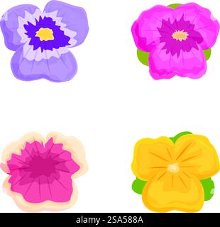 Collezione di illustrazioni di quattro vivaci fiori di cartoni animati in vari colori. Set di colorati fiori di cartoni animati Illustrazione Vettoriale