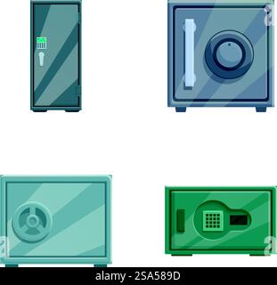 Collezione di diverse casseforti con serrature elettroniche in design piatto, adatte per concetti di sicurezza. Set di icone di varie casseforti isolate Illustrazione Vettoriale