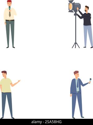 Una vasta gamma di professionisti in varie pose e costumi. Isolato su sfondo bianco. Perfetto per le aziende. Supporto. E concetti di comunicazione. Con un design moderno ed elegante. Set di quattro professionisti maschi in varie posizioni isolati su sfondo bianco Illustrazione Vettoriale