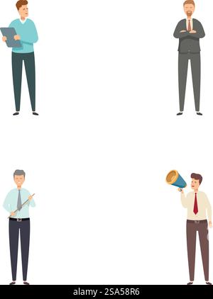 Collezione di quattro distinti personaggi d'affari in abbigliamento professionale, impegnati in diverse attività. Serie di personaggi d'affari in varie pose Illustrazione Vettoriale