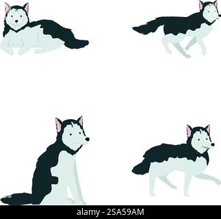 Collezione di illustrazioni con un simpatico husky cartoni animati in quattro diverse pose, isolato su bianco. Set di cani husky cartoni animati in varie pose Illustrazione Vettoriale