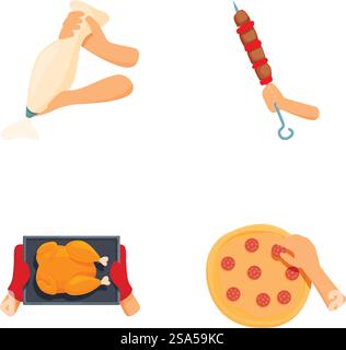 Colorata collezione di illustrazioni a cartoni animati con diversi tipi di cibo, perfetta per menu e design alimentari. Ampia scelta di illustrazioni di cibo a fumetti Illustrazione Vettoriale