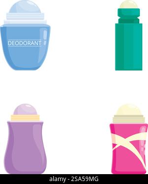 Collezione di quattro colorate bottiglie di deodorante rollon vettoriali. Set di vari deodoranti rollon Illustrazione Vettoriale